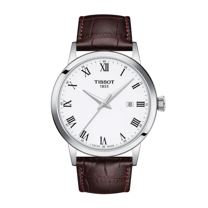 Tissot T-Classic Dream Gent quartz watch white dial brown leather strap 42mm