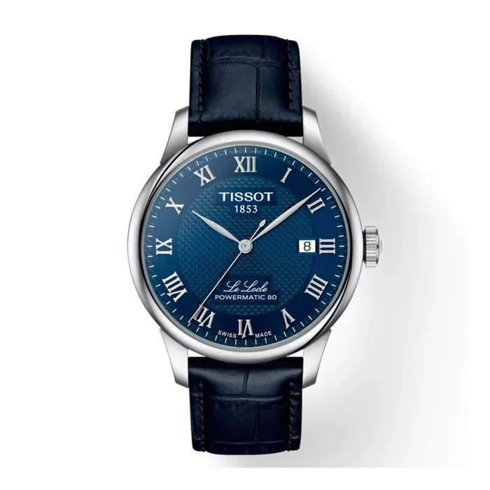 Tissot T-Classic Le Locle Powermatic 80 watch with blue dial and blue leather strap, 39 mm – Lepage