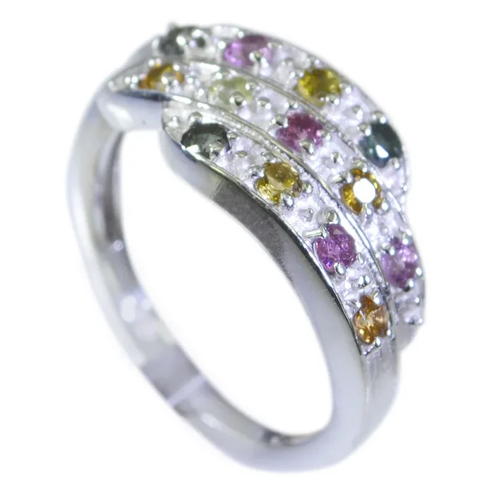 Tourmaline Halo Egyptian Sterling Silver multicolor Gems Slim Cultural Ring Jewelry