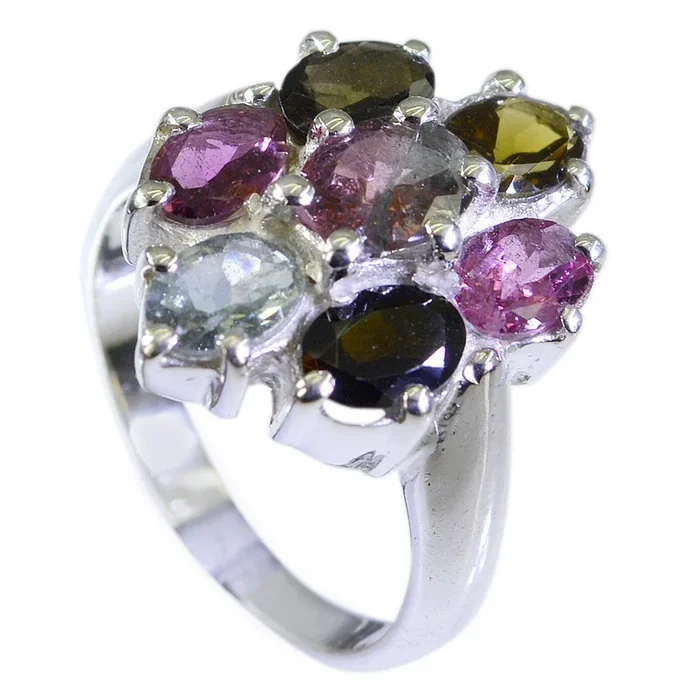 Tourmaline Hepta Moroccan Sterling Silver multicolor Gemstone Mid-weight Floral Ring Jewelry