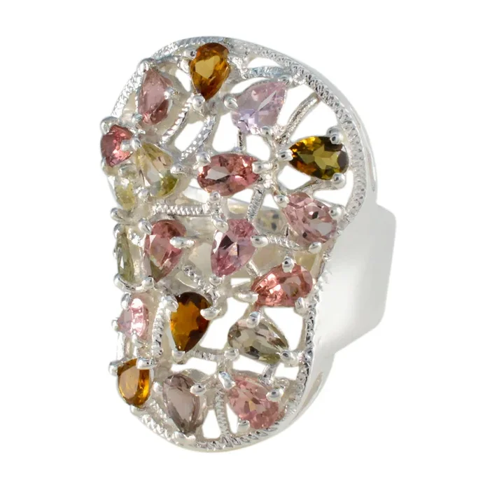 Tourmaline multiple Italian 925 Sterling Silver multicolor Gemstones Statement Ethnic Ring Jewellery