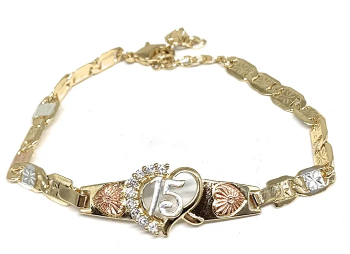 Tri-Color 15 Años Bracelet Quinceañera Pulsera Tres Colores Oro Laminado 8″