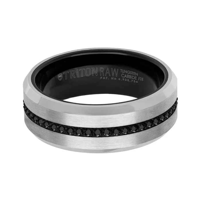 Triton 8MM Tungsten Wedding Band with Black Sapphires. Size 10