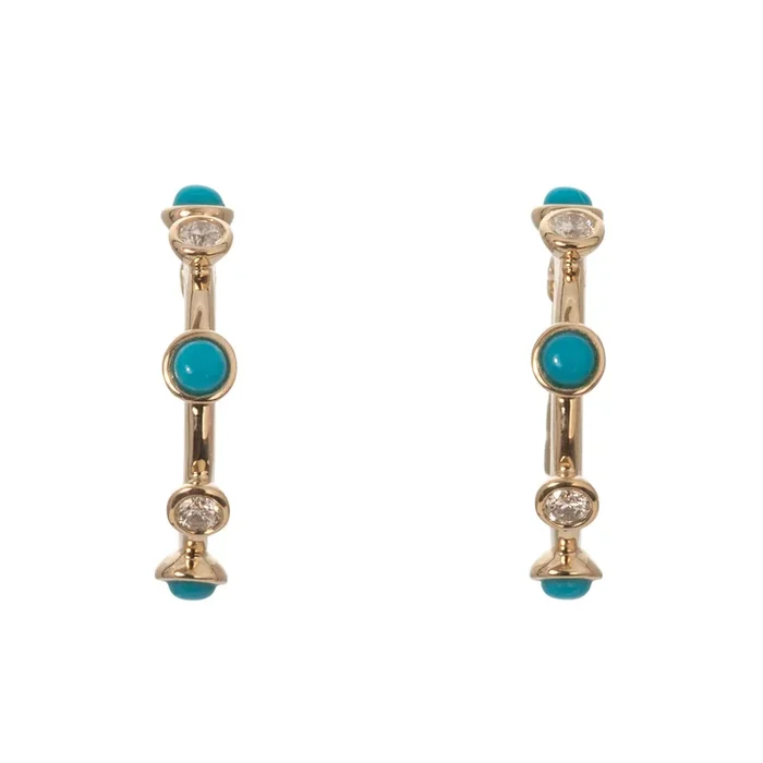 Turquoise & Diamond Bezel Set 14K Yellow Gold Hoop Earrings