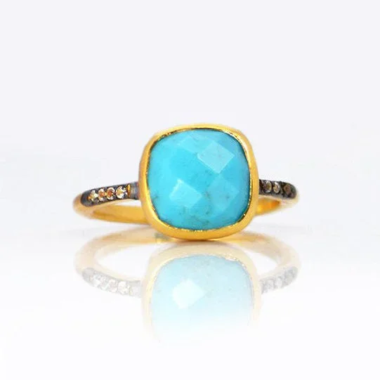 Turquoise Pave Cushion Bezel Set Stacking Ring: December Birthstone