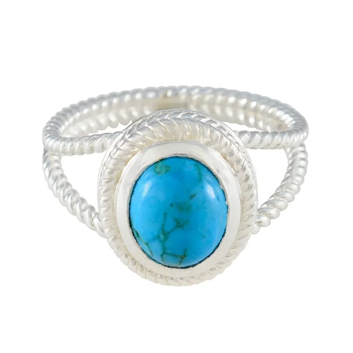 Turquoise Solitaire Italian 925 Silver Blue Gemstones Classic Rope-Wire Ring Jewellery