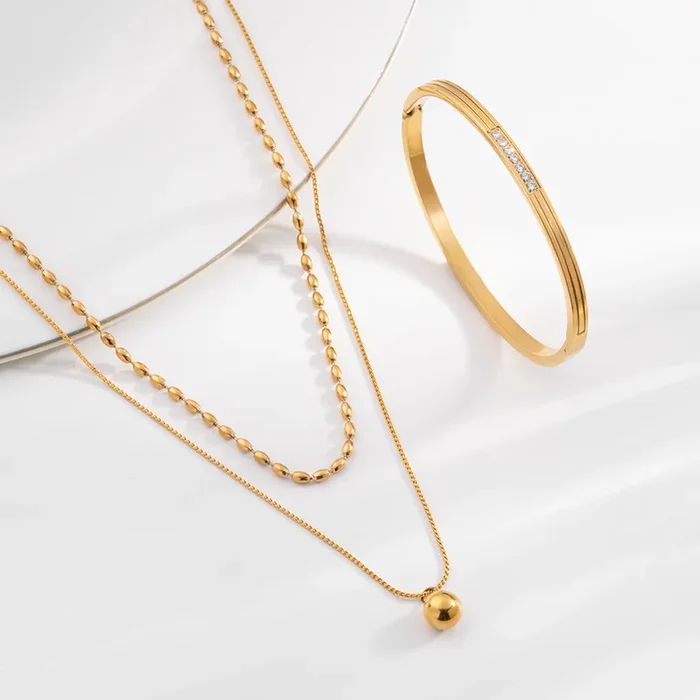 Two-Layered Bead Necklace & Diamond Allure Bangle Bracelet Combo Set