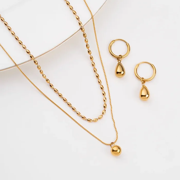 Two-Layered Bead Necklace & Waterdrop Hoop Earrings Combo Set