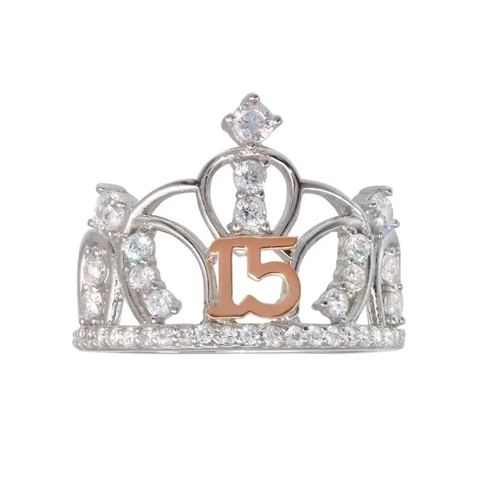 Two-Tone 925 Sterling Silver CZ Quinceanera Crown Ring – GMR00304RHR