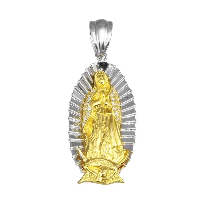 Two-Tone 925 Sterling Silver Plated Lady of Guadalupe CZ Pendant 44mm – GMP00061RG