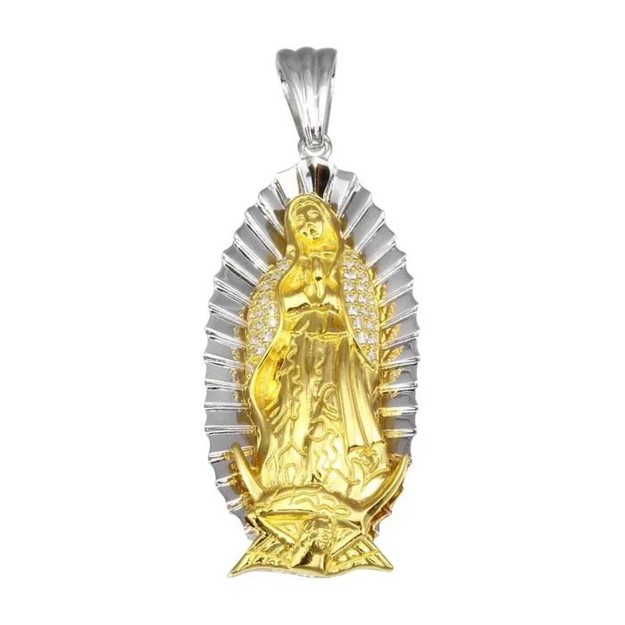 Two-Tone 925 Sterling Silver Plated Lady of Guadalupe CZ Pendant 52mm – GMP00063RG