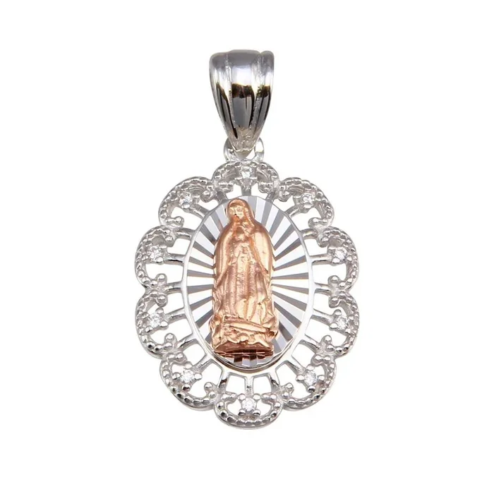 Two-Tone 925 Sterling Silver Plated Lady of Guadalupe Flower CZ Pendant – GMP00065RHR
