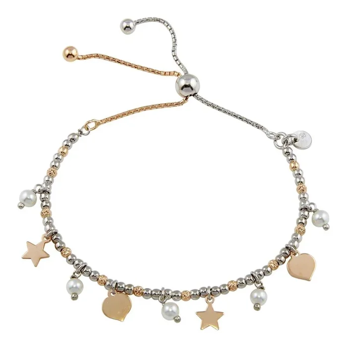 Two-Tone 925 Sterling Silver Plated Multi Chain Stars Leaves Beaded Lariat Bracelet – ECB00123