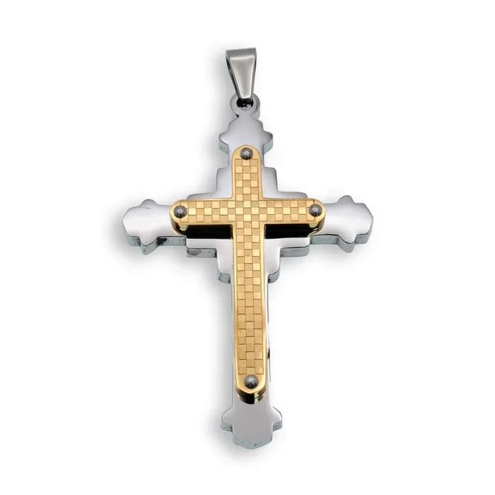 Two Tone Gold & Rhodium Plated Stainless Steel Double Layered Checkered Cross Pendant – SSP00155