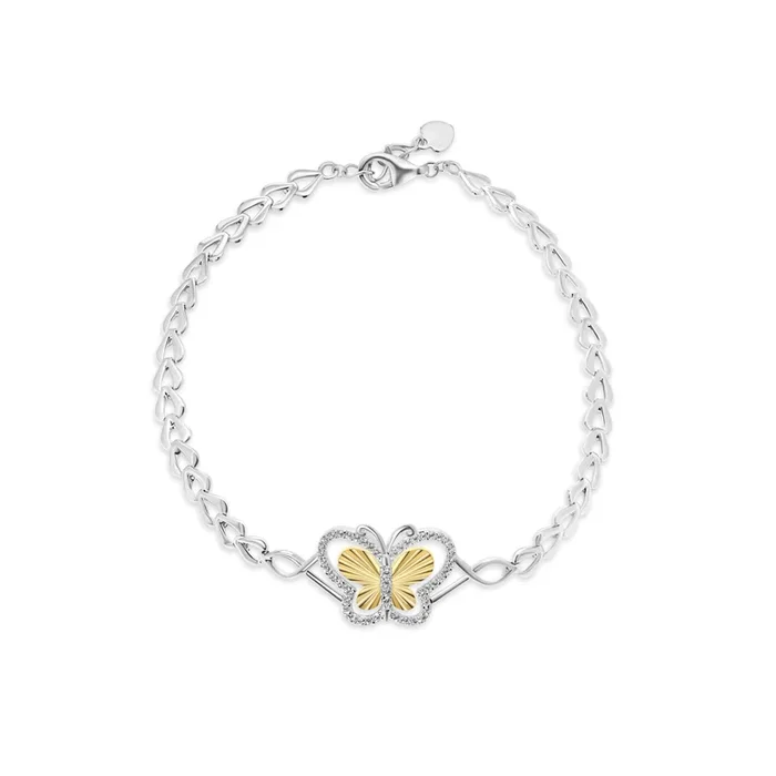 Two Tone Plated 925 Sterling Silver Diamond Cut 17mm x 14mm Butterfly Clear CZ Adjustable Bracelet – GMB00154RG