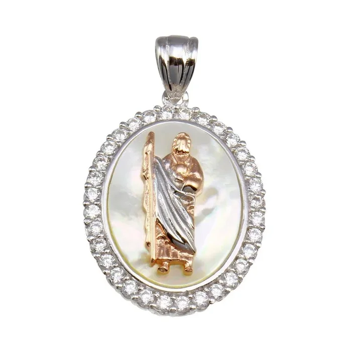 Two-Toned 925 Sterling SilverSynthetic Mother of Pearl St. Jude Oval Medallion Pendant – GMP00060RHR