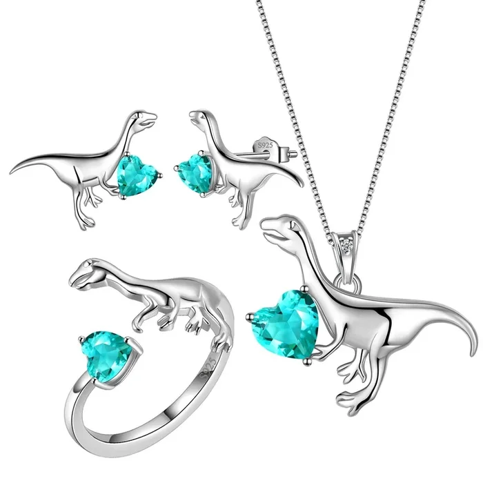 Velociraptor Set di gioielli con ciondoli a forma di dinosauro, orecchini, collane, anelli, gioielli da donna e ragazza