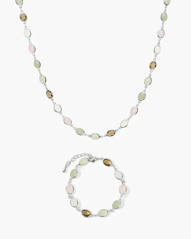 Verspieltes Romantik-Stein-Halsketten- & Armband-Set in Silber