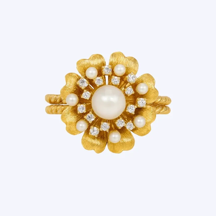 Vintage Floral Pearl and Diamond Cluster Ring