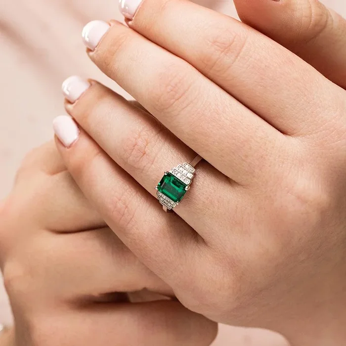Vivienne Emerald Lab Grown Diamond Vintage Antique Side Stone Engagement Ring