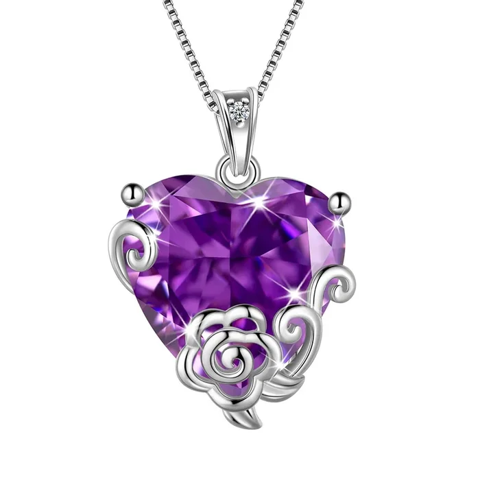 Women Heart Necklace Jewelry Birthstone Flower Pendant Girls Christmas Gift Sterling Silver