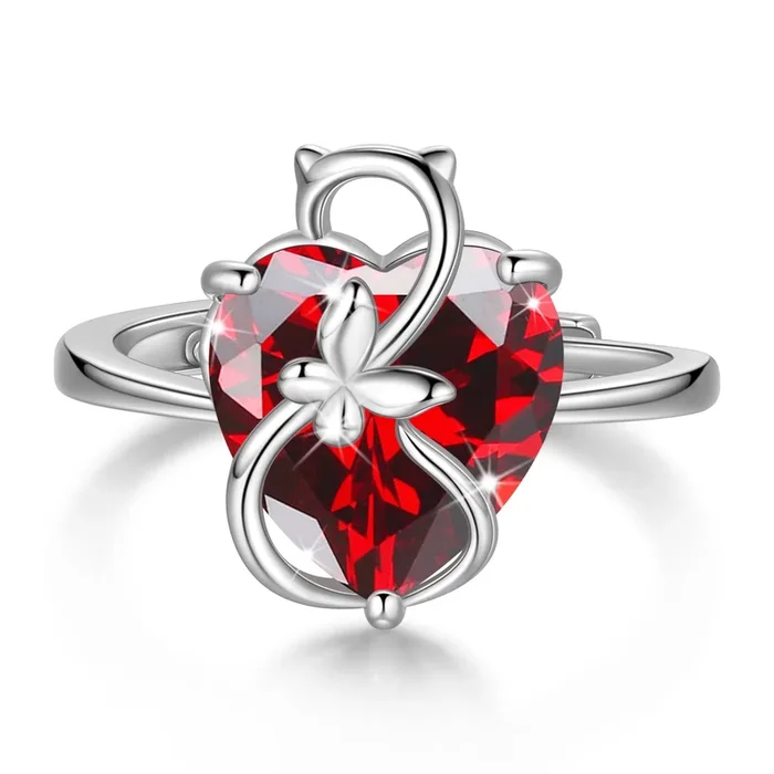 Women Heart Ring 925 Sterling Silver Cat Butterfly January Birthstone Garnet Solitaire Ring Jewelry Mother Birthday Valentine’s Day Gift