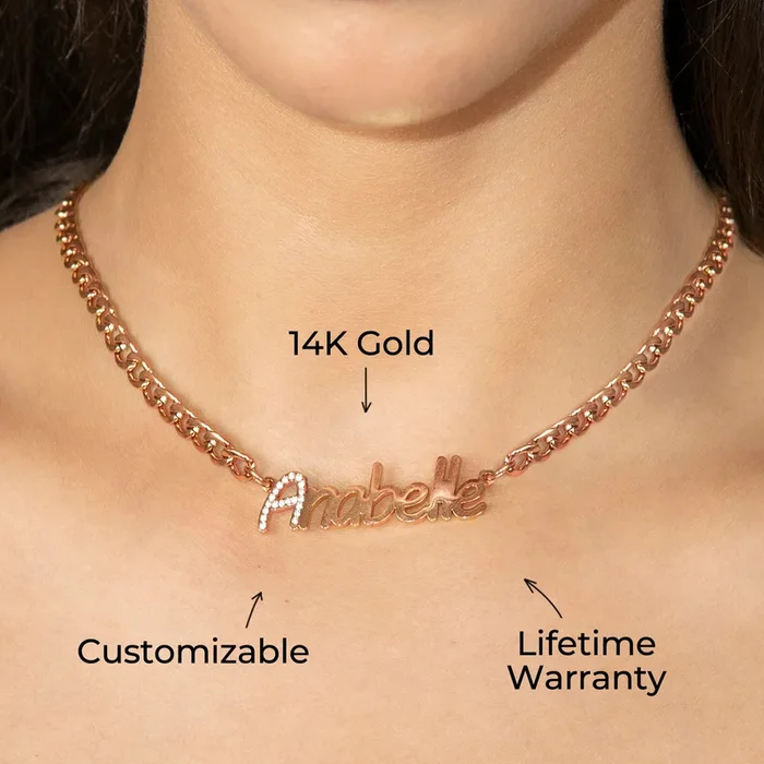 Women Jewelry – Rose Gold Iced Out VVS Name Necklace | Style # N44