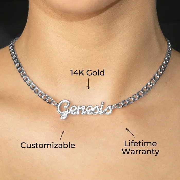 Women Jewelry – White Gold Iced Out VVS Name Necklace | Style # N24