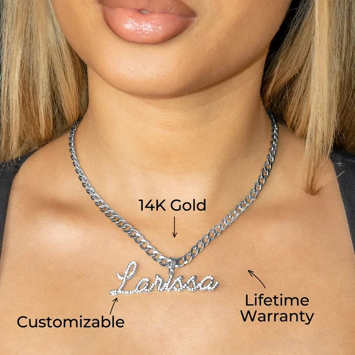 Women Jewelry – White Gold Iced Out VVS Name Necklace | Style # N27
