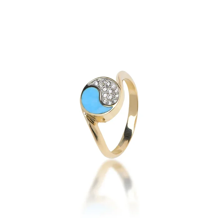 Yin Yang Turquoise Ring in Gold with Diamonds – 10mm